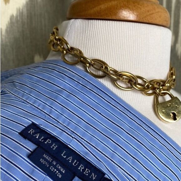 Ralph Lauren Triple Ruffle Blue Pin Stripe Cotton Stretch Jabot Blouse - Picture 2 of 16